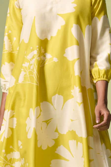 Shop_Dressfolk_Yellow Chanderi V-neck Komal Floral Pattern Dress _Online_at_Aza_Fashions