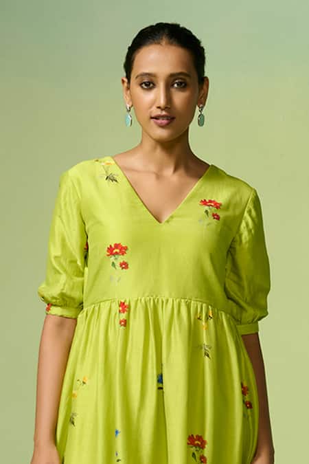 Dressfolk Green Chanderi Embroidery V-neck Floral Print Midi Dress Online at Aza Fashions Dressfolk_Green Chanderi Embroidery V-neck Floral Print Midi Dress _Online_at_Aza_Fashions