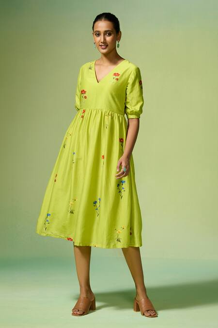 Buy Dressfolk Green Chanderi Embroidery V-neck Floral Print Midi Dress Online at Aza Fashions Buy_Dressfolk_Green Chanderi Embroidery V-neck Floral Print Midi Dress _Online_at_Aza_Fashions