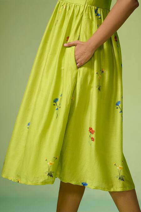 Shop Dressfolk Green Chanderi Embroidery V-neck Floral Print Midi Dress Online at Aza Fashions Shop_Dressfolk_Green Chanderi Embroidery V-neck Floral Print Midi Dress _Online_at_Aza_Fashions