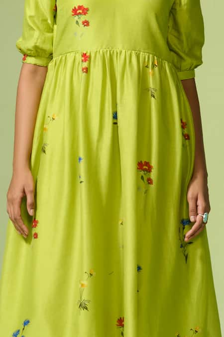 Dressfolk Green Chanderi Embroidery V-neck Floral Print Midi Dress at Aza Fashions Dressfolk_Green Chanderi Embroidery V-neck Floral Print Midi Dress _at_Aza_Fashions