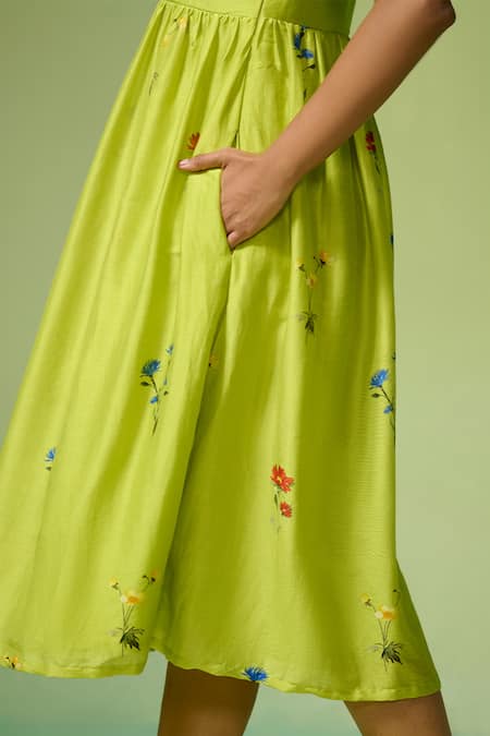 Buy Dressfolk Green Chanderi Embroidery V-neck Floral Print Midi Dress Buy_Dressfolk_Green Chanderi Embroidery V-neck Floral Print Midi Dress