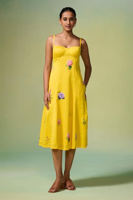 Dressfolk Yellow Chanderi Embroidery Sweetheart Neck Floral Midi Dress Online at Aza Fashions Dressfolk_Yellow Chanderi Embroidery Sweetheart Neck Floral Midi Dress_Online_at_Aza_Fashions