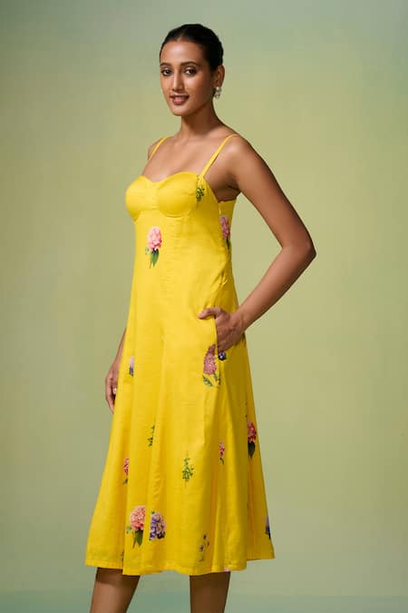 Shop Dressfolk Yellow Chanderi Embroidery Sweetheart Neck Floral Midi Dress Online at Aza Fashions Shop_Dressfolk_Yellow Chanderi Embroidery Sweetheart Neck Floral Midi Dress_Online_at_Aza_Fashions