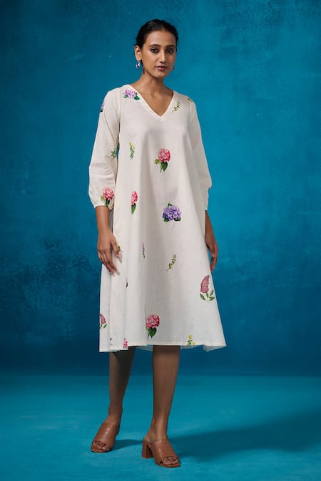 Dressfolk_Ivory Chanderi V-neck Floral Print Midi Dress _Online_at_Aza_Fashions