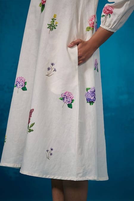 Shop_Dressfolk_Ivory Chanderi V-neck Floral Print Midi Dress _Online_at_Aza_Fashions