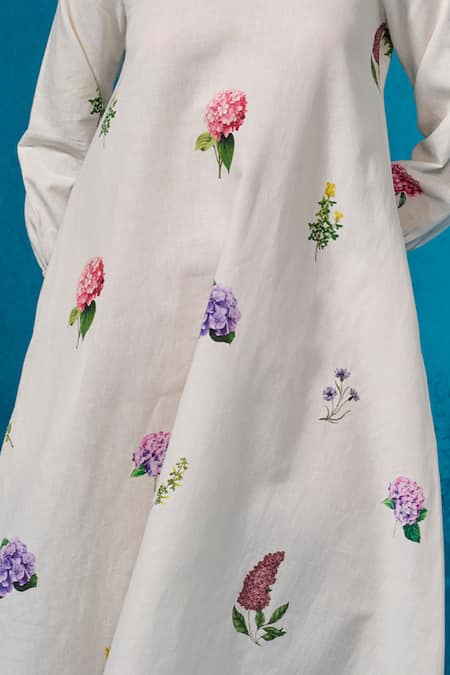 Dressfolk_Ivory Chanderi V-neck Floral Print Midi Dress _at_Aza_Fashions