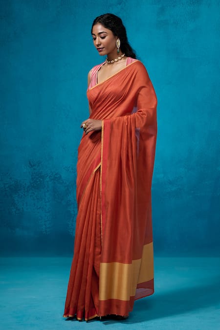 Dressfolk Orange Chanderi Rust Handwoven Saree With Running Blouse Online at Aza Fashions Dressfolk_Orange Chanderi Rust Handwoven Saree With Running Blouse _Online_at_Aza_Fashions