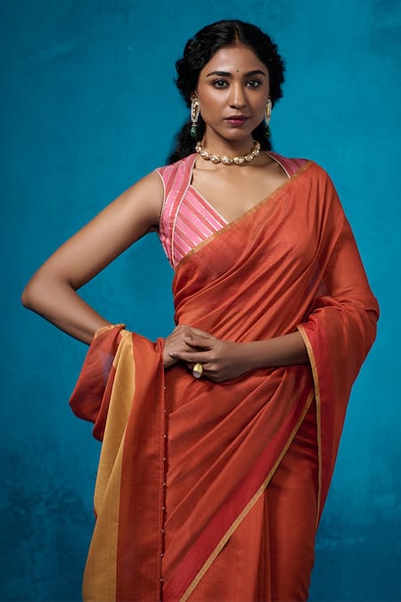 Buy Dressfolk Orange Chanderi Rust Handwoven Saree With Running Blouse Online at Aza Fashions Buy_Dressfolk_Orange Chanderi Rust Handwoven Saree With Running Blouse _Online_at_Aza_Fashions