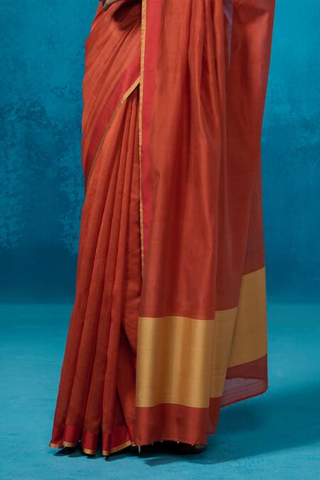 Shop Dressfolk Orange Chanderi Rust Handwoven Saree With Running Blouse Online at Aza Fashions Shop_Dressfolk_Orange Chanderi Rust Handwoven Saree With Running Blouse _Online_at_Aza_Fashions