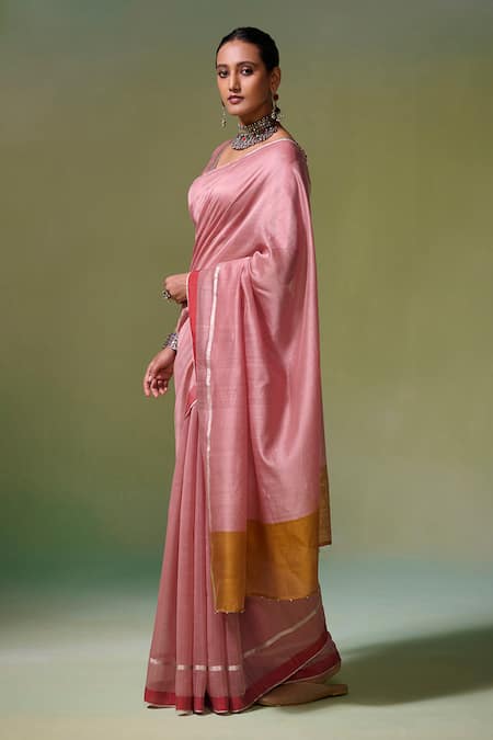 Dressfolk_Pink Chanderi Old Rose Handwoven Saree With Running Blouse_Online_at_Aza_Fashions