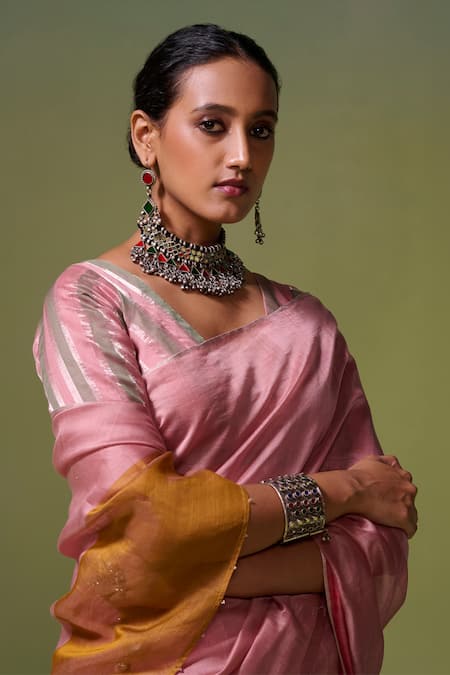 Buy_Dressfolk_Pink Chanderi Old Rose Handwoven Saree With Running Blouse_Online_at_Aza_Fashions