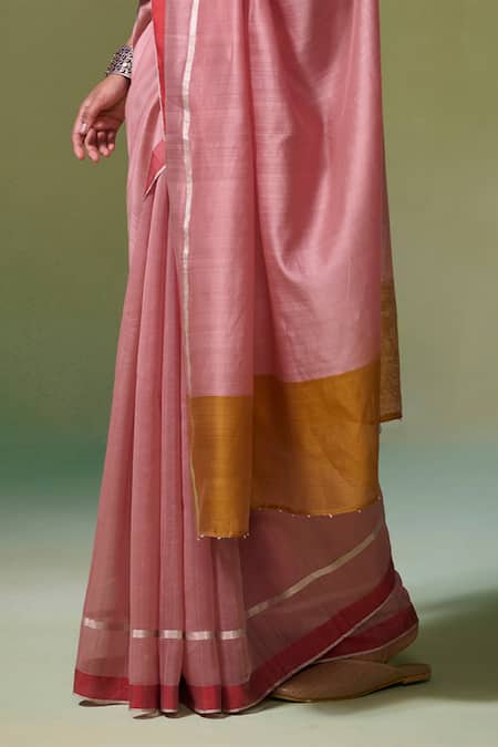 Dressfolk_Pink Chanderi Old Rose Handwoven Saree With Running Blouse_at_Aza_Fashions