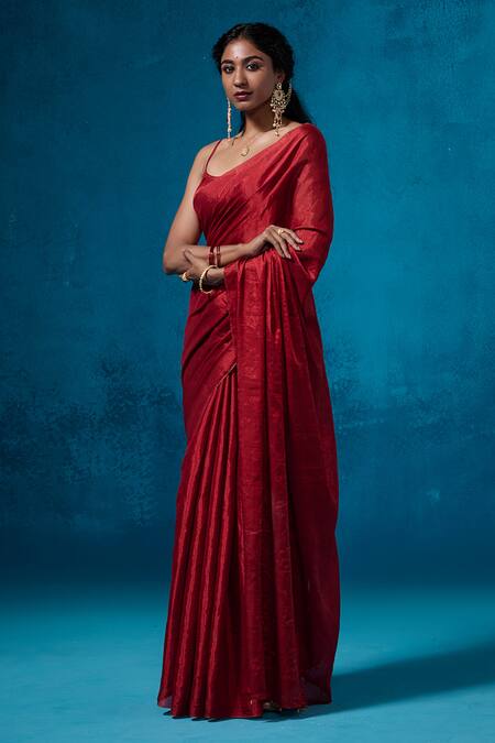 Dressfolk Red Handloom Cotton Handwoven Tissue Saree With Running Blouse Online at Aza Fashions Dressfolk_Red Handloom Cotton Handwoven Tissue Saree With Running Blouse _Online_at_Aza_Fashions