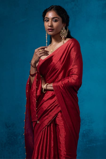 Buy Dressfolk Red Handloom Cotton Handwoven Tissue Saree With Running Blouse Online at Aza Fashions Buy_Dressfolk_Red Handloom Cotton Handwoven Tissue Saree With Running Blouse _Online_at_Aza_Fashions