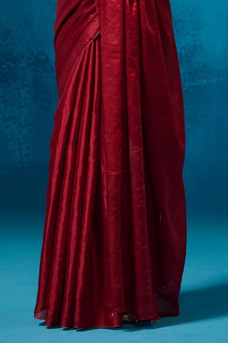 Dressfolk Red Handloom Cotton Handwoven Tissue Saree With Running Blouse at Aza Fashions Dressfolk_Red Handloom Cotton Handwoven Tissue Saree With Running Blouse _at_Aza_Fashions