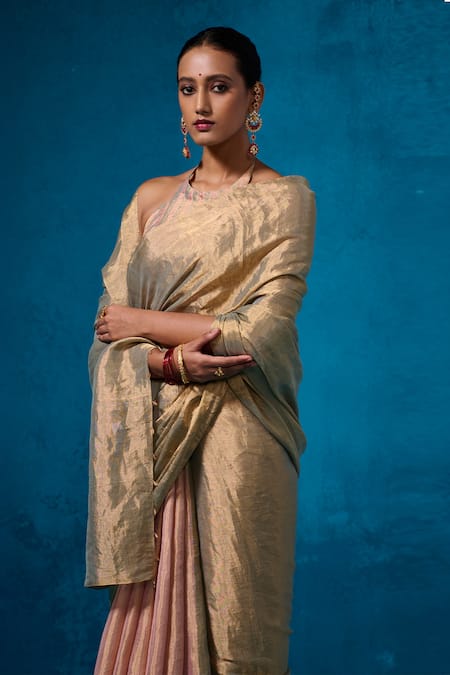 Buy_Dressfolk_Peach Chanderi Handwoven Saree With Running Blouse _Online_at_Aza_Fashions