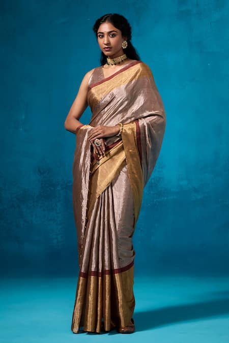 Dressfolk Silver Handloom Tissue Handwoven Inaayat Saree With Unstitched Blouse Piece 