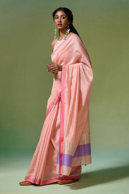 Dressfolk Peach Chanderi Zari Handwoven Saree With Running Blouse Online at Aza Fashions Dressfolk_Peach Chanderi Zari Handwoven Saree With Running Blouse _Online_at_Aza_Fashions