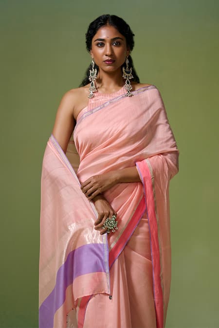 Shop Dressfolk Peach Chanderi Zari Handwoven Saree With Running Blouse Online at Aza Fashions Shop_Dressfolk_Peach Chanderi Zari Handwoven Saree With Running Blouse _Online_at_Aza_Fashions