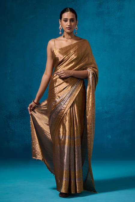 Dressfolk Silver Handloom Tissue Handwoven Isha Saree With Unstitched Blouse Piece 