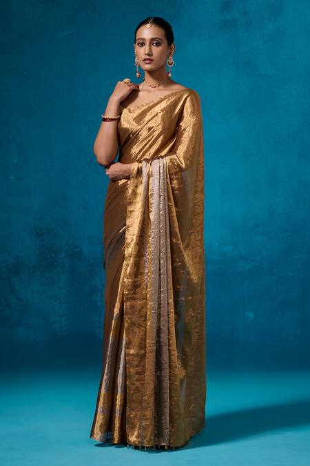 Dressfolk_Silver Gold Handwoven Tissue Saree Set With Running Blouse _Online_at_Aza_Fashions