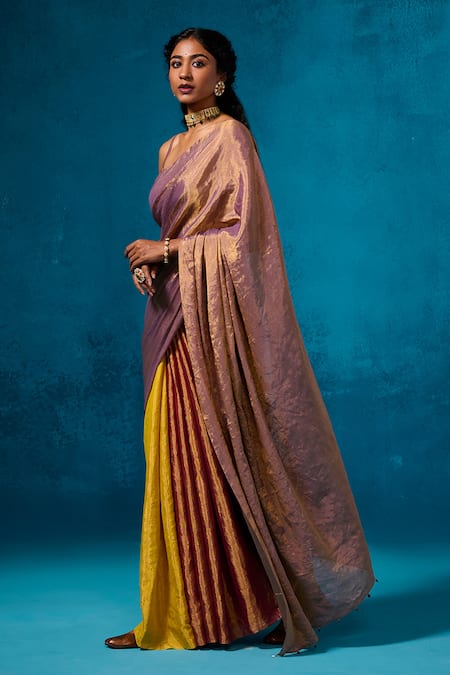 Dressfolk Multi Color Handloom Cotton Handwoven Tissue Saree With Running Blouse Online at Aza Fashions Dressfolk_Multi Color Handloom Cotton Handwoven Tissue Saree With Running Blouse_Online_at_Aza_Fashions