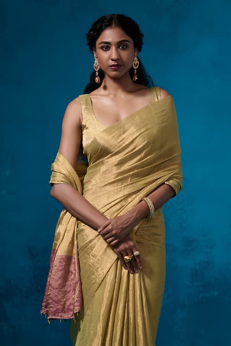 Buy Dressfolk Green Chanderi, Handloom Cotton Lime Handwoven Saree With Running Blouse Online at Aza Fashions Buy_Dressfolk_Green Chanderi, Handloom Cotton Lime Handwoven Saree With Running Blouse_Online_at_Aza_Fashions