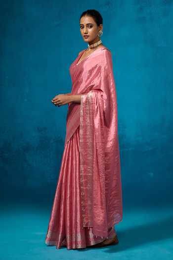 Dressfolk_Pink Handloom Cotton Handwoven Tissue Saree With Running Blouse _Online_at_Aza_Fashions