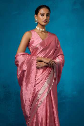 Buy_Dressfolk_Pink Handloom Cotton Handwoven Tissue Saree With Running Blouse _Online_at_Aza_Fashions