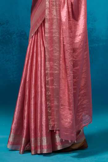 Dressfolk_Pink Handloom Cotton Handwoven Tissue Saree With Running Blouse _at_Aza_Fashions