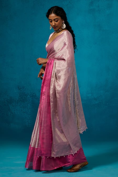 Dressfolk Pink Handloom Cotton Handwoven Tissue Saree With Running Blouse Online at Aza Fashions Dressfolk_Pink Handloom Cotton Handwoven Tissue Saree With Running Blouse_Online_at_Aza_Fashions