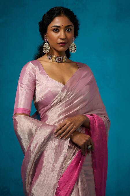 Buy Dressfolk Pink Handloom Cotton Handwoven Tissue Saree With Running Blouse Online at Aza Fashions Buy_Dressfolk_Pink Handloom Cotton Handwoven Tissue Saree With Running Blouse_Online_at_Aza_Fashions