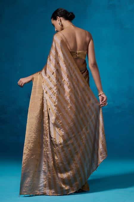 Dressfolk Gold Striped Handwoven Zari Saree with Running Blouse 