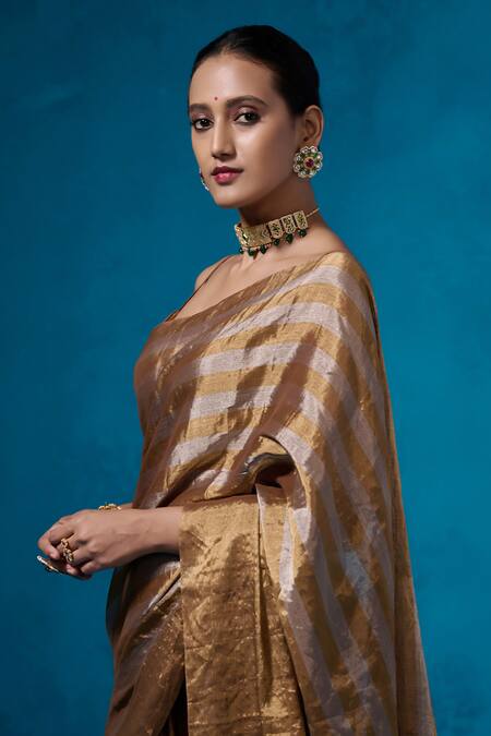 Dressfolk_Silver Handloom Cotton Zari Gold Striped Handwoven Saree With Running Blouse_Online_at_Aza_Fashions