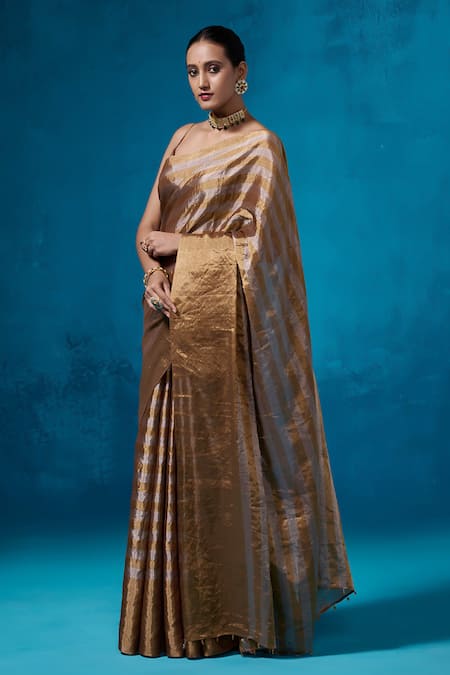 Buy_Dressfolk_Silver Handloom Cotton Zari Gold Striped Handwoven Saree With Running Blouse_Online_at_Aza_Fashions