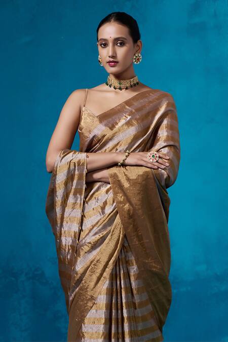 Shop_Dressfolk_Silver Handloom Cotton Zari Gold Striped Handwoven Saree With Running Blouse_Online_at_Aza_Fashions