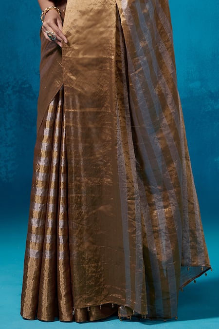 Dressfolk_Silver Handloom Cotton Zari Gold Striped Handwoven Saree With Running Blouse_at_Aza_Fashions