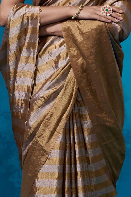 Buy_Dressfolk_Silver Handloom Cotton Zari Gold Striped Handwoven Saree With Running Blouse