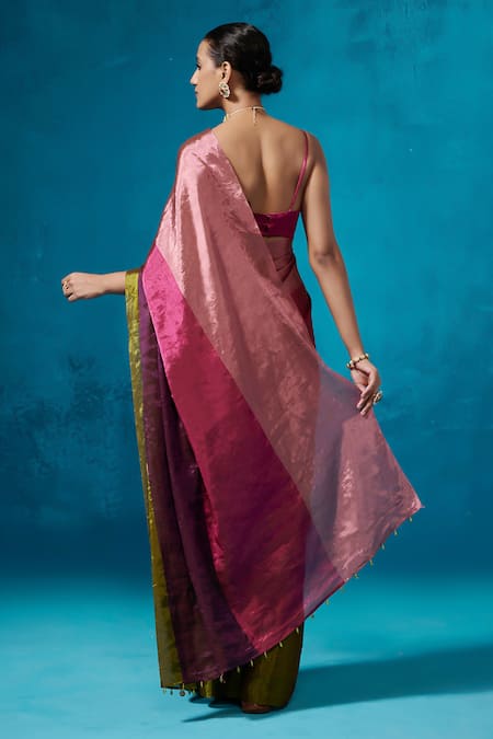 Dressfolk Handwoven Multi Color Saree with Running Blouse 
