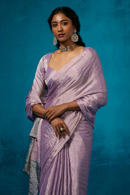 Buy_Dressfolk_Lilac Handloom Cotton Zari Handwoven Saree With Running Blouse_Online_at_Aza_Fashions