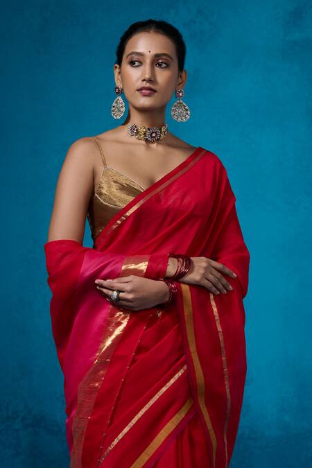 Shop_Dressfolk_Red Chanderi Handwoven Saree With Running Blouse_Online_at_Aza_Fashions