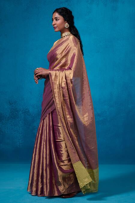 Dressfolk_Maroon Handloom Cotton Handwoven Tissue Saree With Running Blouse_Online_at_Aza_Fashions