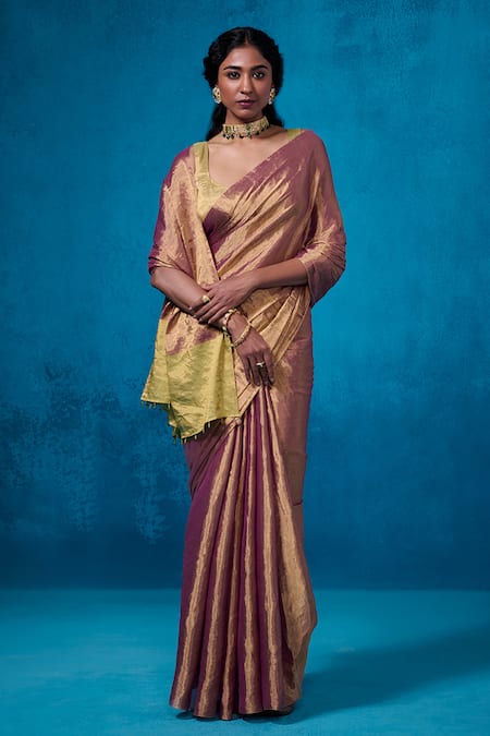 Buy_Dressfolk_Maroon Handloom Cotton Handwoven Tissue Saree With Running Blouse_Online_at_Aza_Fashions