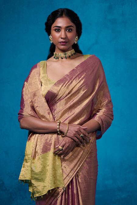 Shop_Dressfolk_Maroon Handloom Cotton Handwoven Tissue Saree With Running Blouse_Online_at_Aza_Fashions