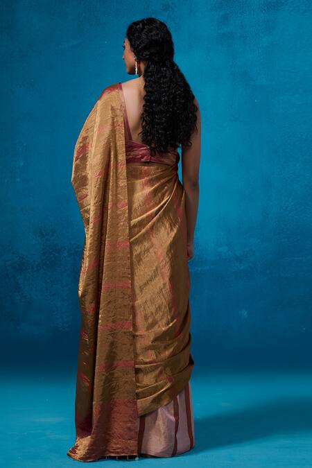 Shop Dressfolk Multi Color Handloom Cotton Antique Gold Handwoven Saree With Running Blouse at Aza Fashions Shop_Dressfolk_Multi Color Handloom Cotton Antique Gold Handwoven Saree With Running Blouse_at_Aza_Fashions