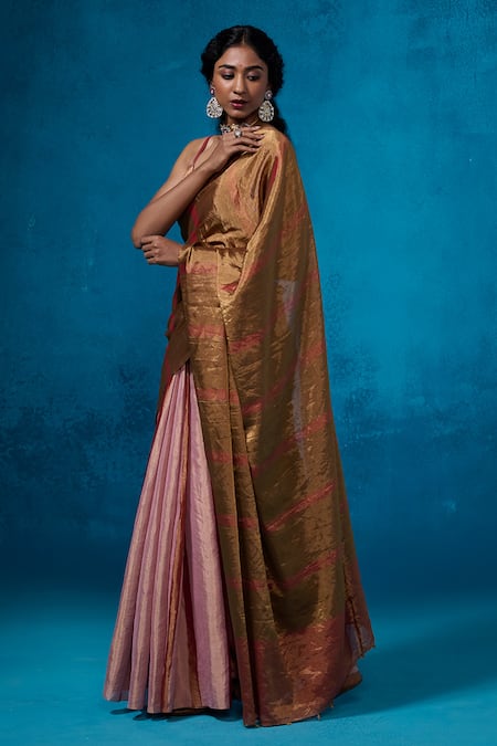 Dressfolk Multi Color Handloom Cotton Antique Gold Handwoven Saree With Running Blouse Online at Aza Fashions Dressfolk_Multi Color Handloom Cotton Antique Gold Handwoven Saree With Running Blouse_Online_at_Aza_Fashions