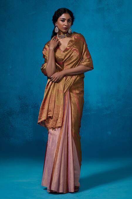 Buy Dressfolk Multi Color Handloom Cotton Antique Gold Handwoven Saree With Running Blouse Online at Aza Fashions Buy_Dressfolk_Multi Color Handloom Cotton Antique Gold Handwoven Saree With Running Blouse_Online_at_Aza_Fashions