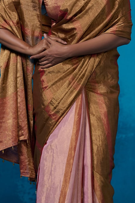 Shop Dressfolk Multi Color Handloom Cotton Antique Gold Handwoven Saree With Running Blouse Online at Aza Fashions Shop_Dressfolk_Multi Color Handloom Cotton Antique Gold Handwoven Saree With Running Blouse_Online_at_Aza_Fashions