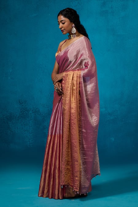 Dressfolk_Pink Handloom Cotton Handwoven Tissue Saree With Running Blouse_Online_at_Aza_Fashions
